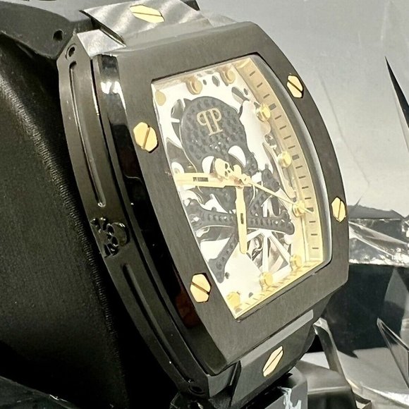 PHILIPP PLEIN Men's Automatic The $keleton Black & Gold-Tone Tonneau Strap Watch - Picture 4 of 9